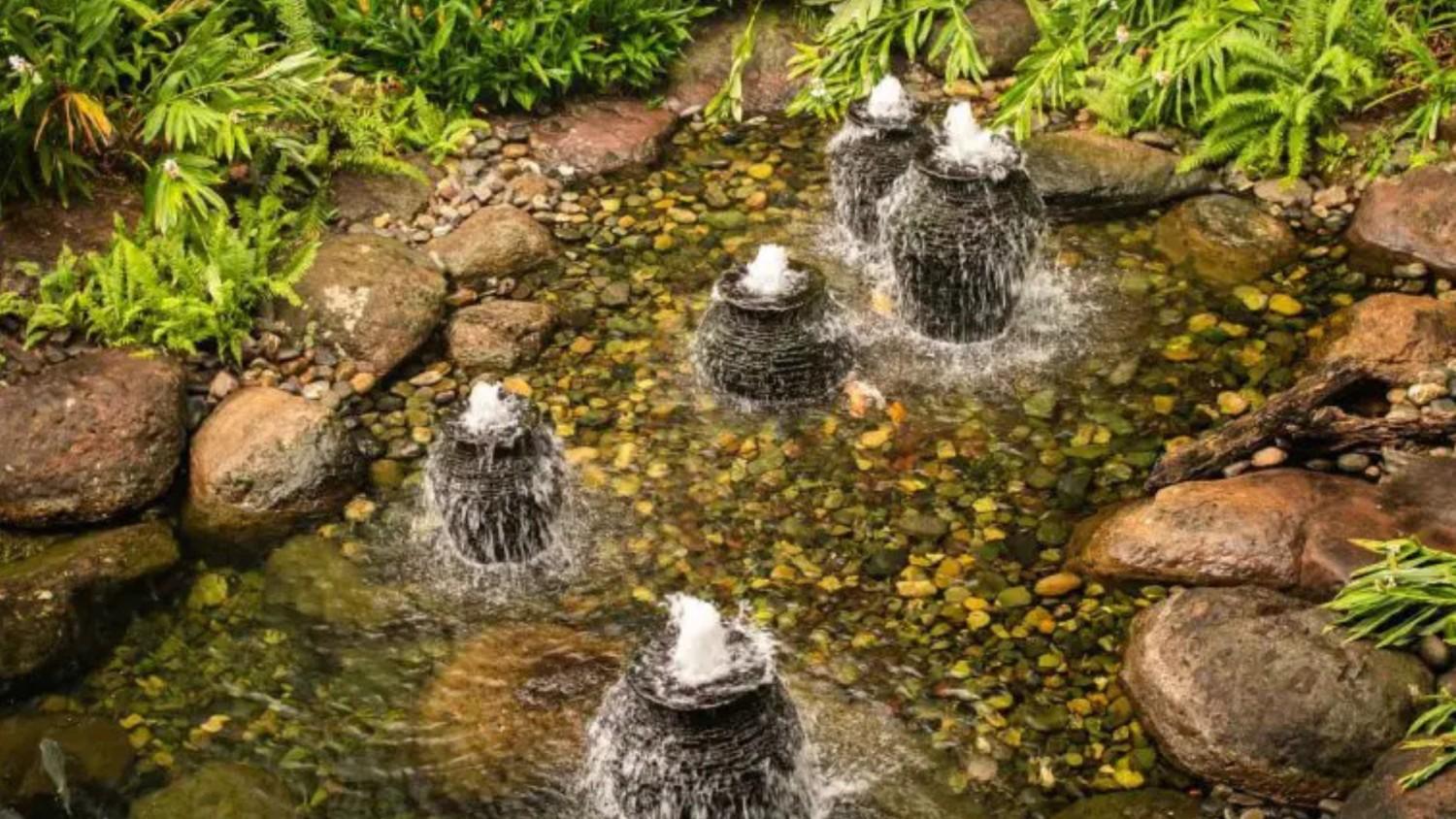 A large pond with multiple water fountains installed into it.
