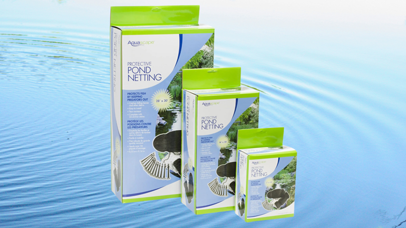 Three boxes of pond netting supplies superimposed on a pond.